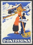 Pontresina Paar mit Ski Schlitten Sport